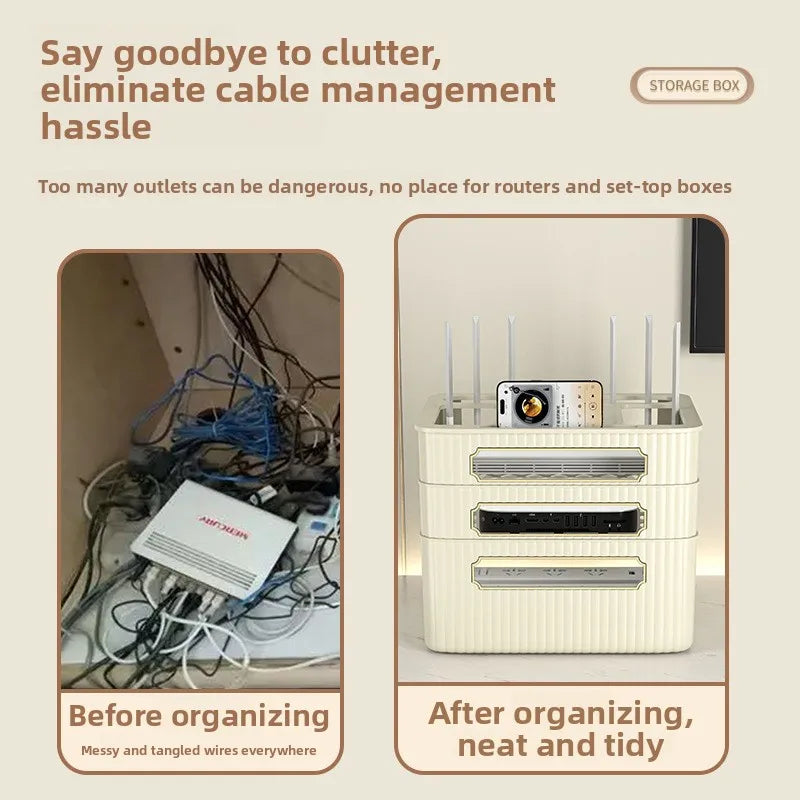 boîte rangement routeur décodeur tv gestion câbles organisateur moderne vert beige épuré