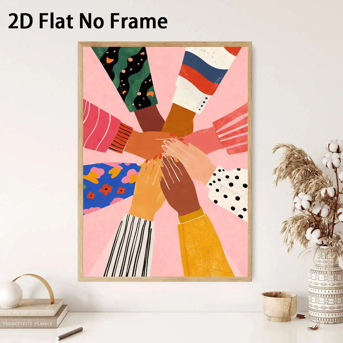 affiche abstraite mains entremêlées géométrique moderne rose vert bleu noir blanc marron clair sans