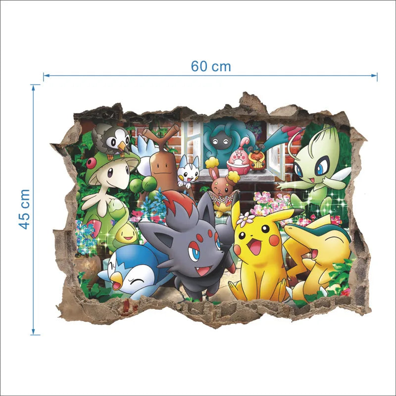 sticker mural 3d pokemon pikachu personnages animés arrière plan naturel adhésif