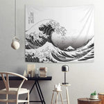 tapisserie ukiyo vague montagne japonais blanc noir décoration murale salon chambre