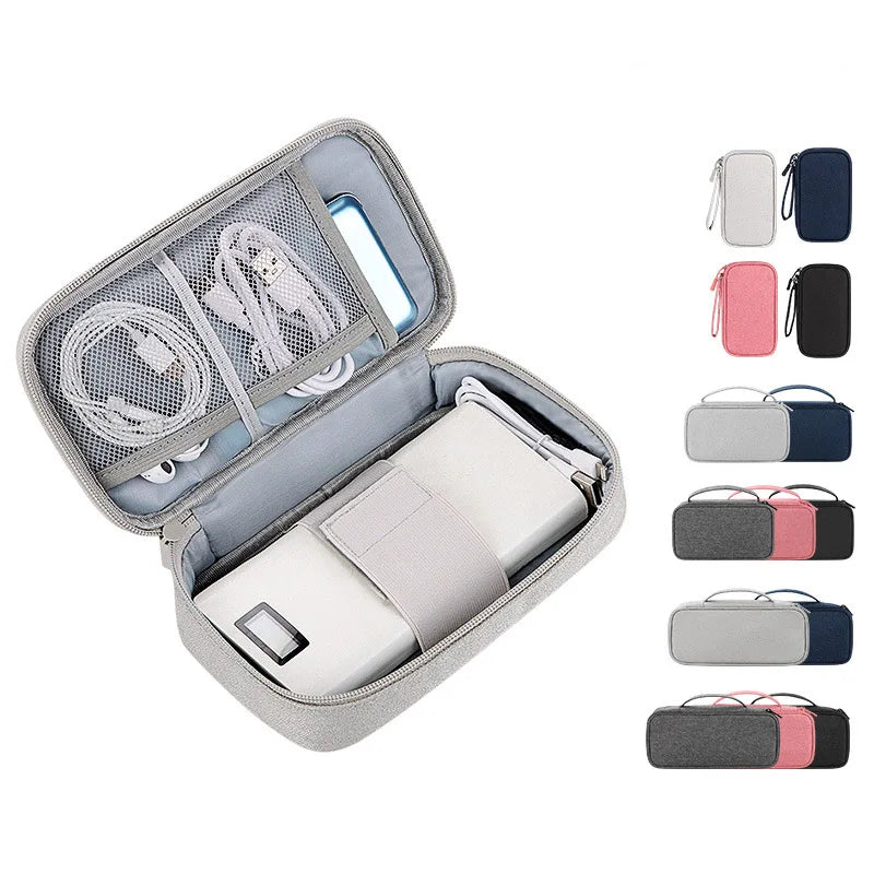 sac rangement accessoires tissu gris clair pratique ecouteurs cable usb chargeur voyage