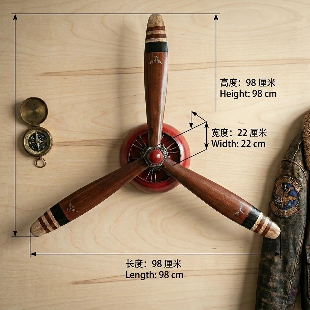 décoration murale hélice avion bois métal marron rouge vintage compas veste militaire adhésif 98x22cm