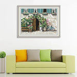 toile brodée paysage moderne porte fenêtres fleuries kit broderie fil coton aiguille tissu decoration