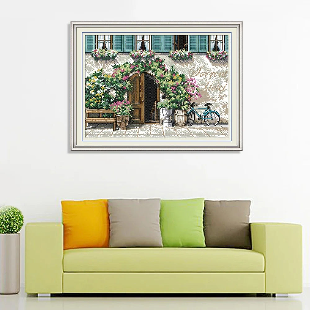 toile brodée paysage moderne porte fenêtres fleuries kit broderie fil coton aiguille tissu decoration