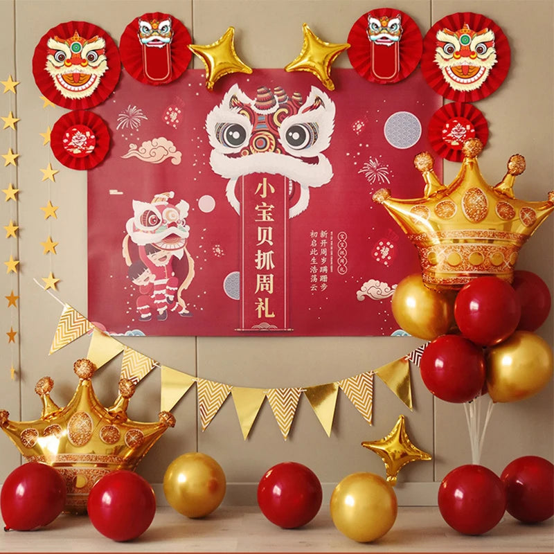 décoration murale mariage anniversaire fête rouge lion floral nuages papier fan rubans ballons dorés
