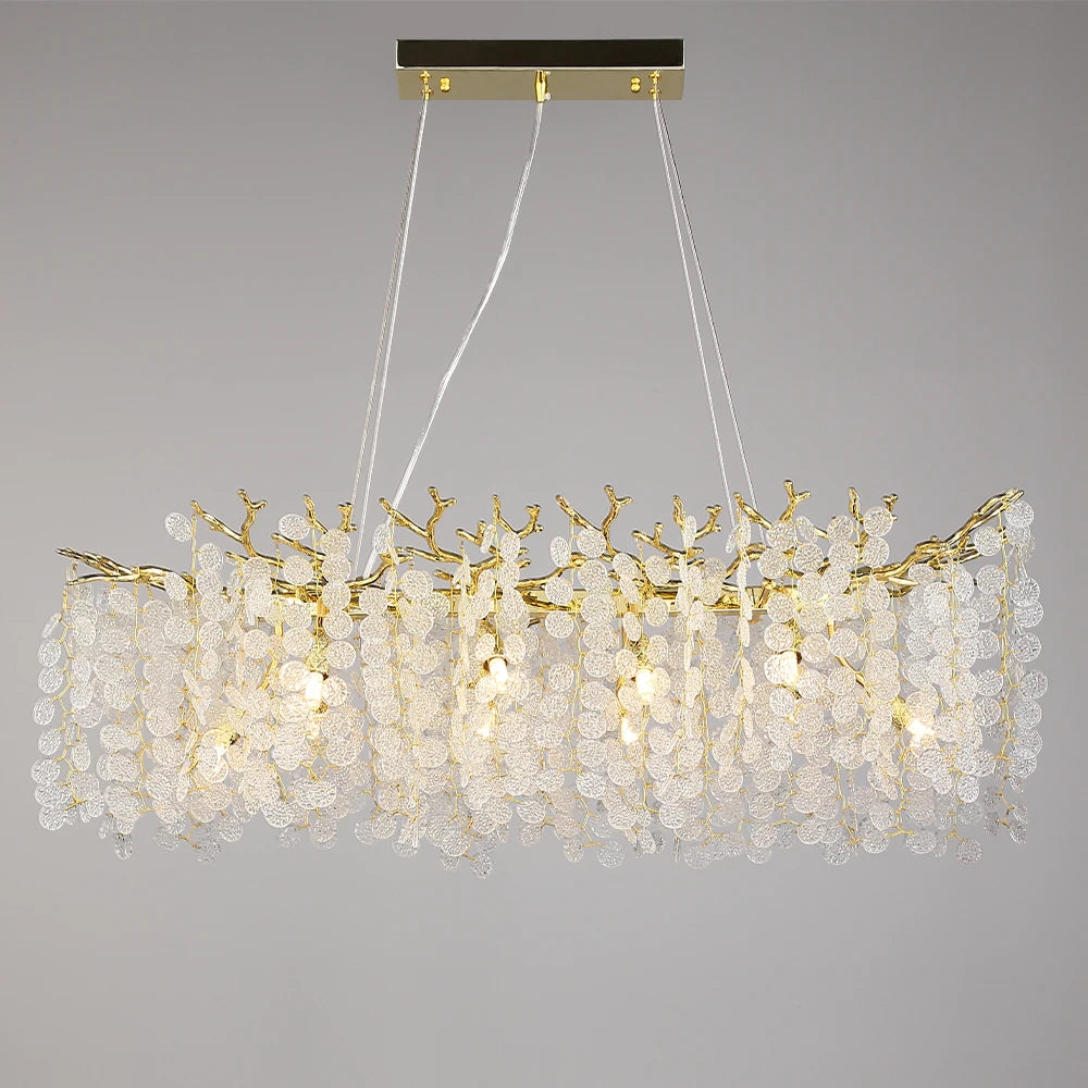 Suspension lumineuse moderne or blanc feuilles dorées 100cm 120cm 150cm 180cm led élégante