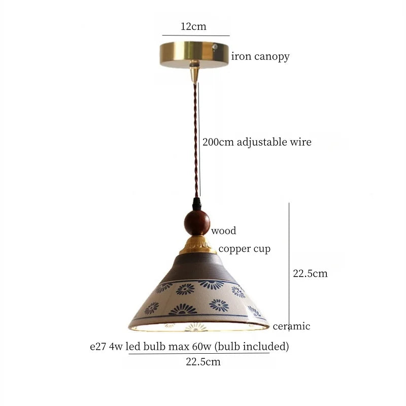 lampe suspendue vintage céramique cuivre fleurs rustique éclairage salon cuisine loft intérieur