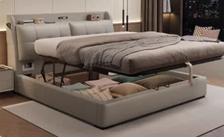lit double moderne gris clair bois simili cuir tiroirs rangement tablette