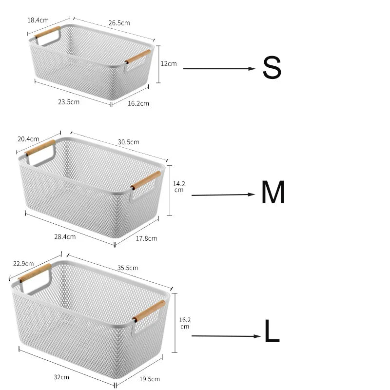 panier rangement maille fine plastique respectueux l'environnement blanc moderne poignées bois taille