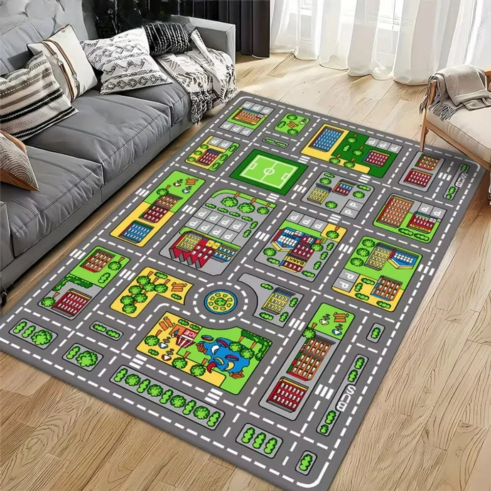 tapis jeu enfant moderne route voitures arbres panneaux signalisation gris vert bleu jaune blanc