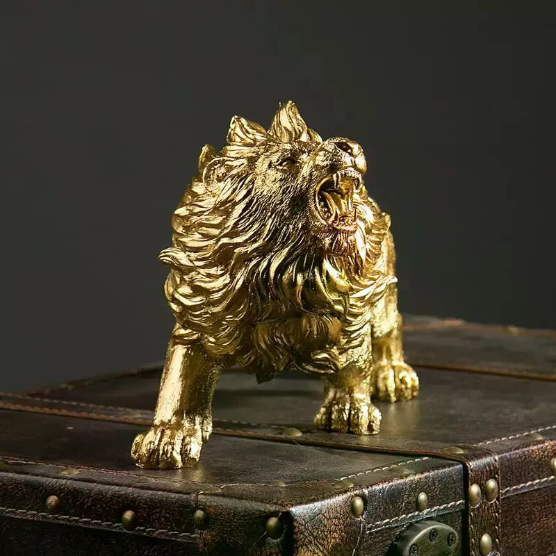 statue lion dorée résine décorative maison chambre salon réaliste détaillée pelage épais ornement sculptural