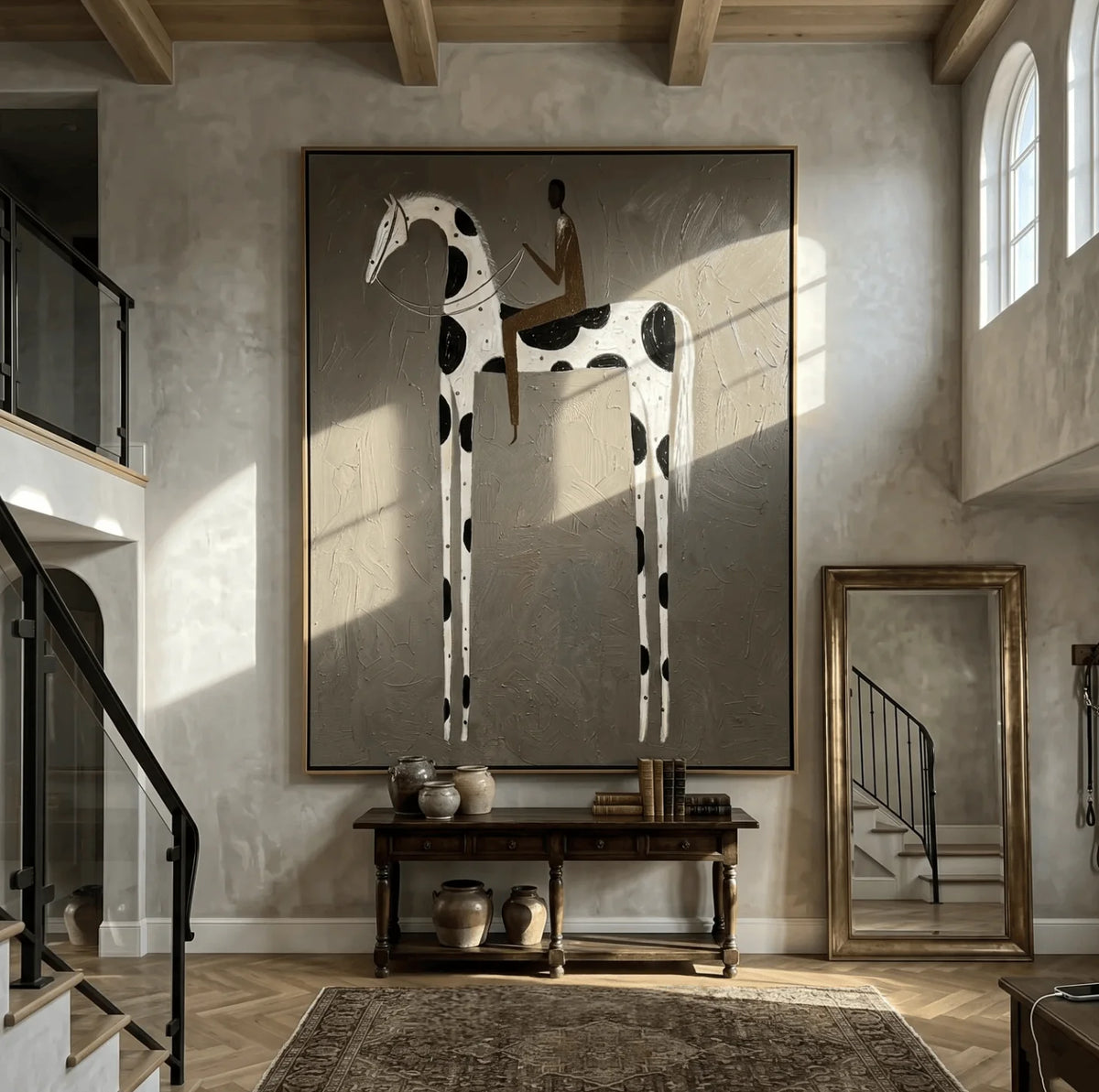 tableau cheval abstrait moderne cadre doré toile décorative salon chambre mur blanc noir