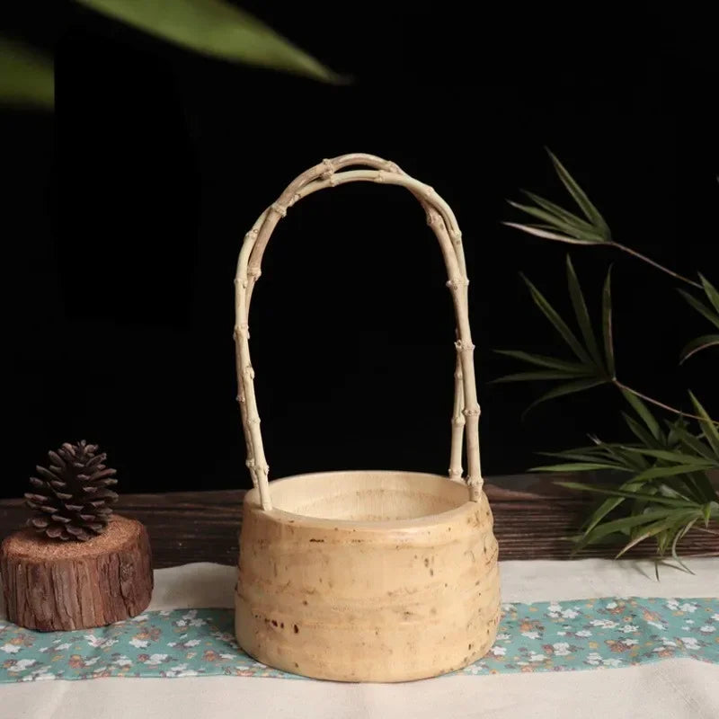 panier decoratif japonais bois texturé plateau rangement vert beige rustic champetre asiatique