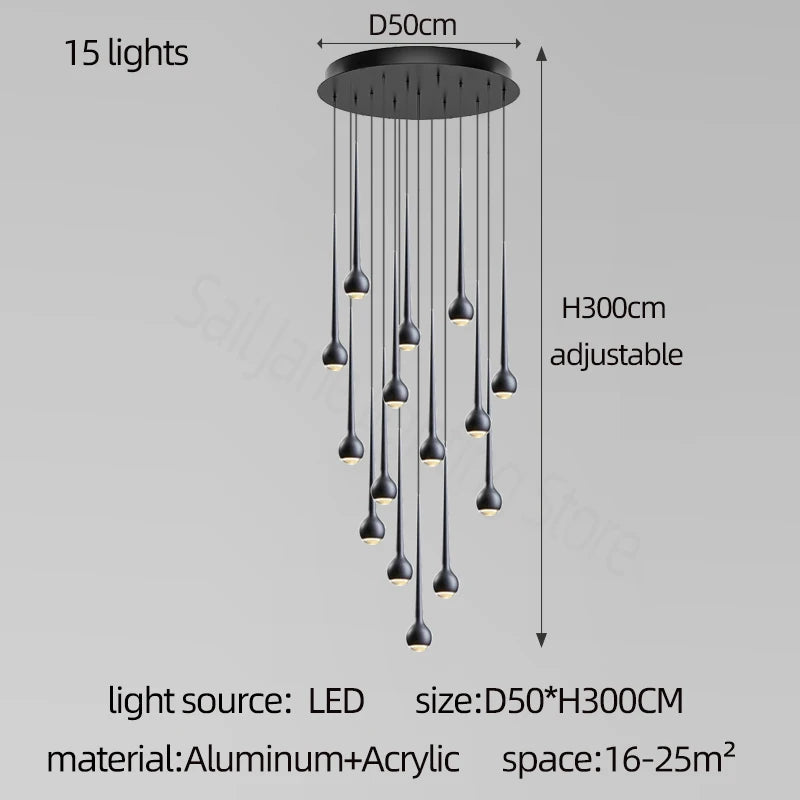 suspension lumineuse argentée gouttes pluie contemporaine fil 2000 82000 lumens chambre salon étude