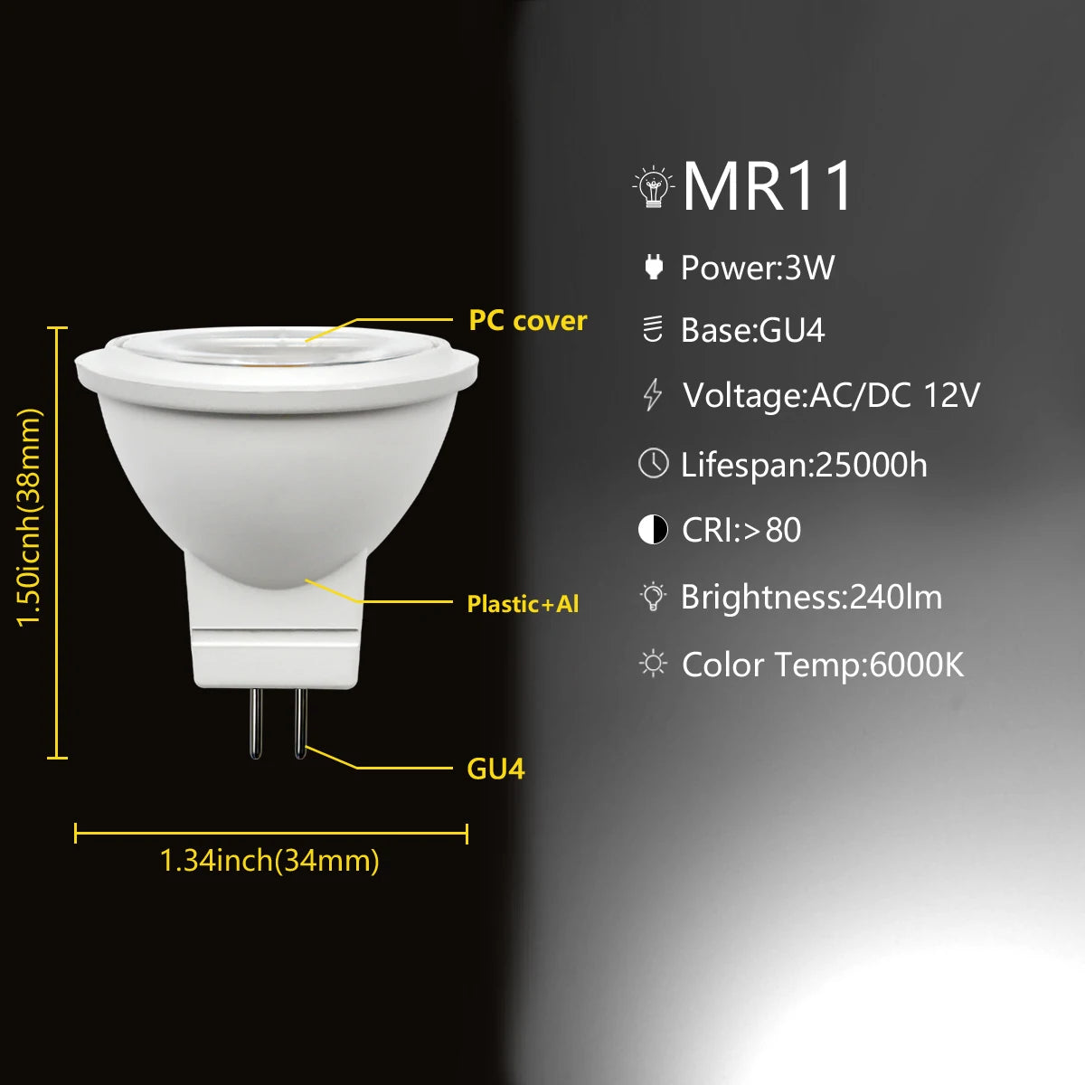 projecteur led mr11 gu4 12v 3w blanc moderne 3000k 4000k 6000k