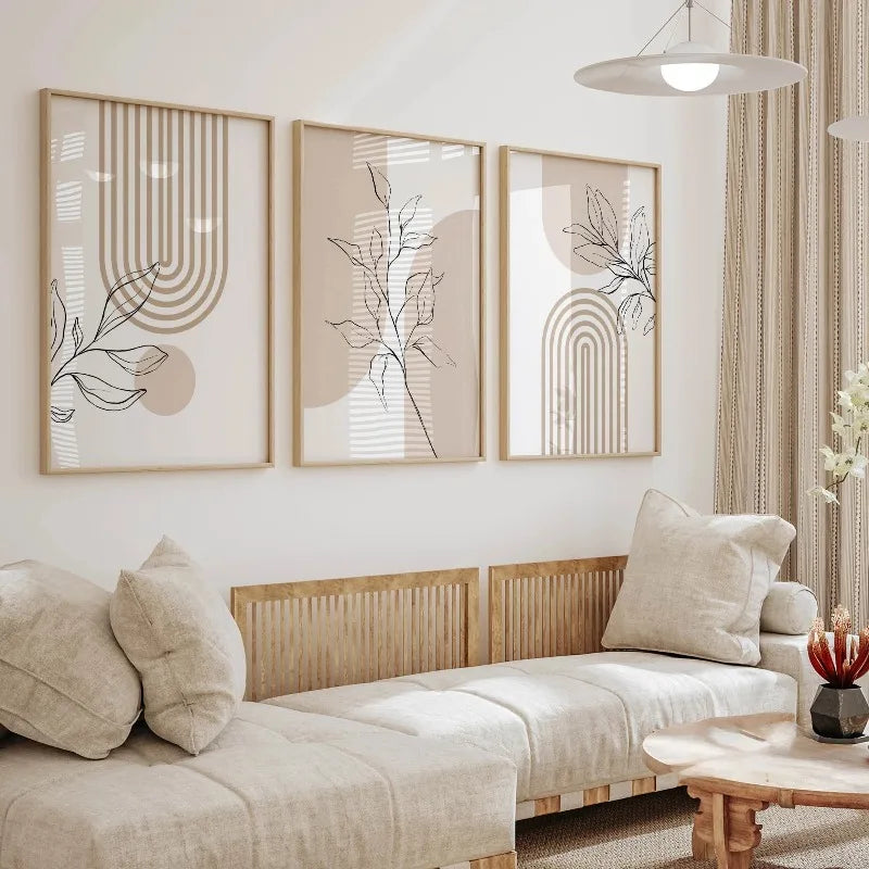 tableaux modernes minimalistes toile lignes géométriques feuilles stylisées beige noir blanc chambre salon