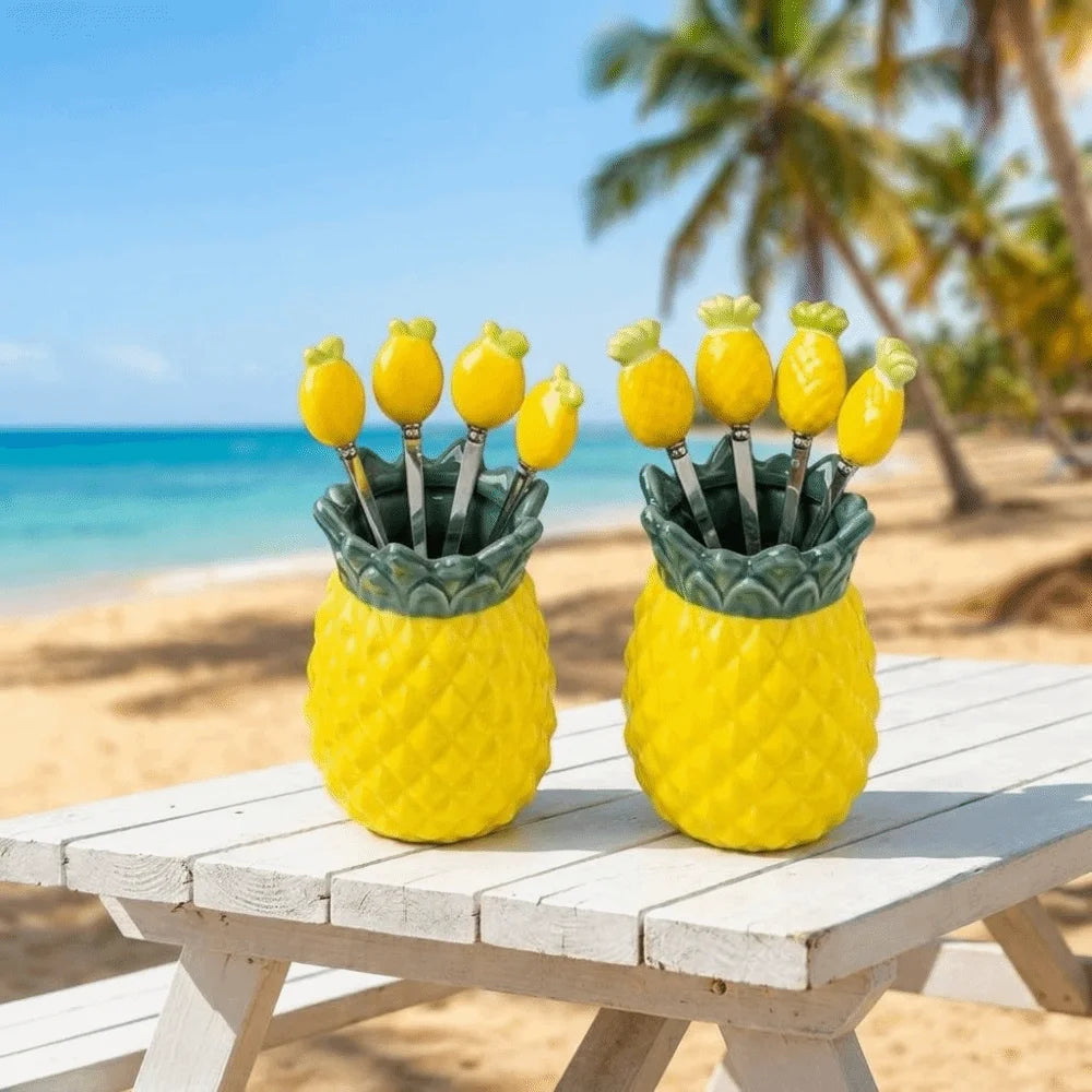 ensemble d'ustensils decoratifs vase ananas fourchettes cuilleres tropical jaune vert foncé losanges ananas