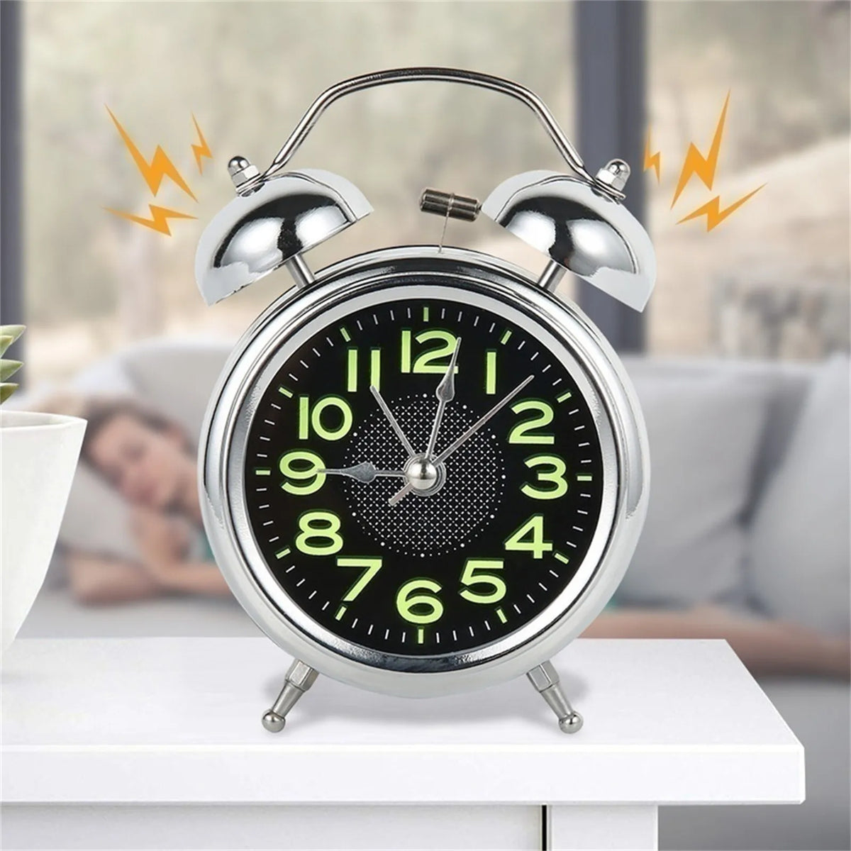 réveil horloge double cloche noir vert luminescent cadran texturé vintage classique pieds support