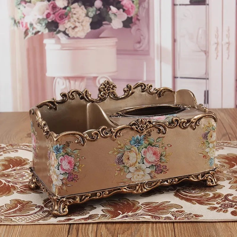 boîte mouchoirs résine fleurs baroques classique doré beige salon chambre