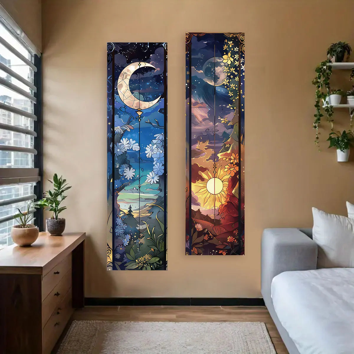 tableau mural paysage nocturne lune fleurs montagnes ciel étoilé bleu nuit blanc doré orange