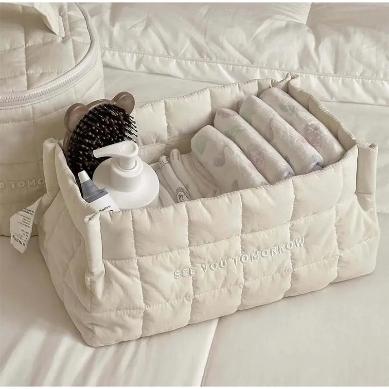 sac rangement coton piqueté moderne doux poignées tissu multicolore beige rose bleuclair jaune blanc
