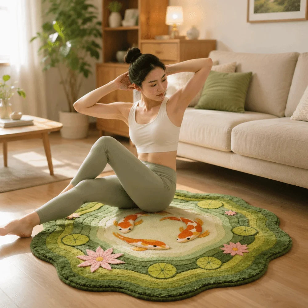 tapis poissons lotus salon rose vert artisanal réaliste poissons feuilles fleurs