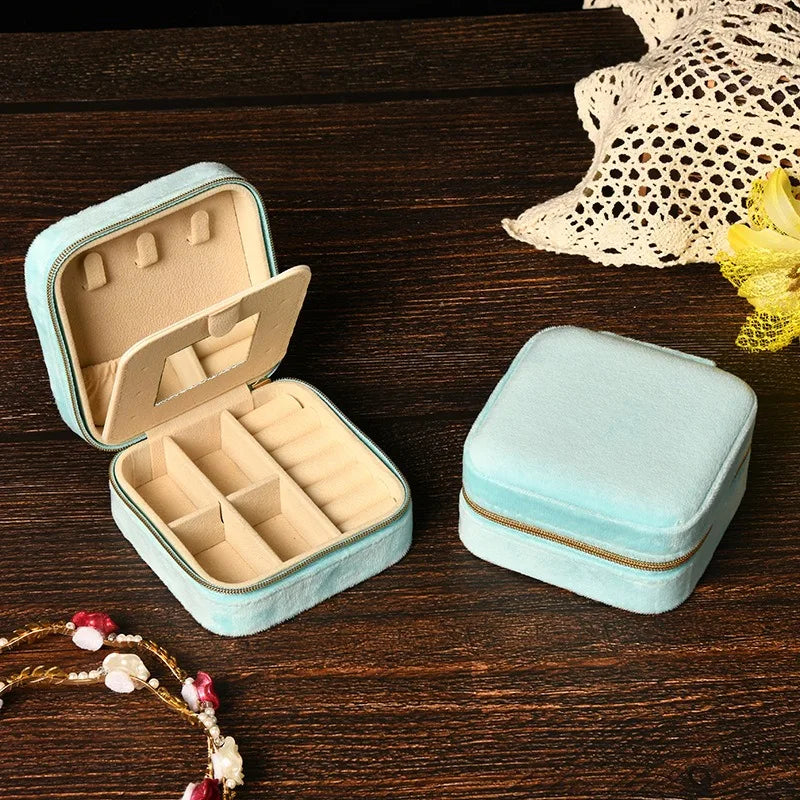 boîte bijoux velours femme bague collier boucles d'oreilles miroir compartiments portable classique vintage fermée