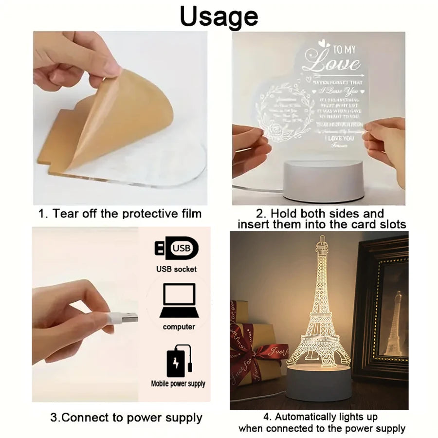 lampe led 3d tour eiffel blanc moderne sans fil usb charge