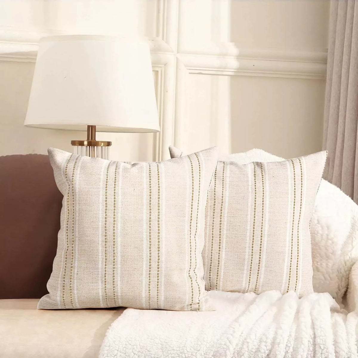 housses coussin rayées polyester non toxique respectueux environnement rustique beige clair fixations