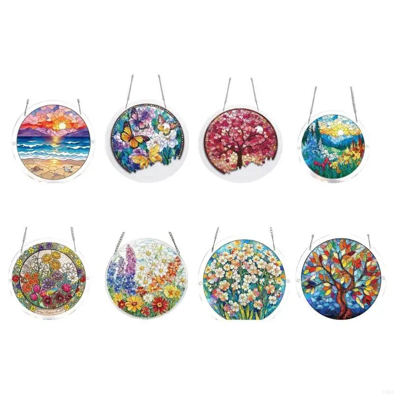 décorations murales circulaires multicolores stained glass artisanal écolier floral paysager chaîne métallique