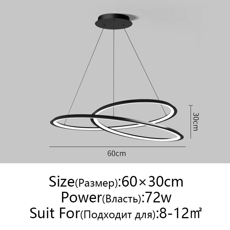 Suspension lumineuse moderne aluminium noir blanc anneaux superposés 60cm 80cm