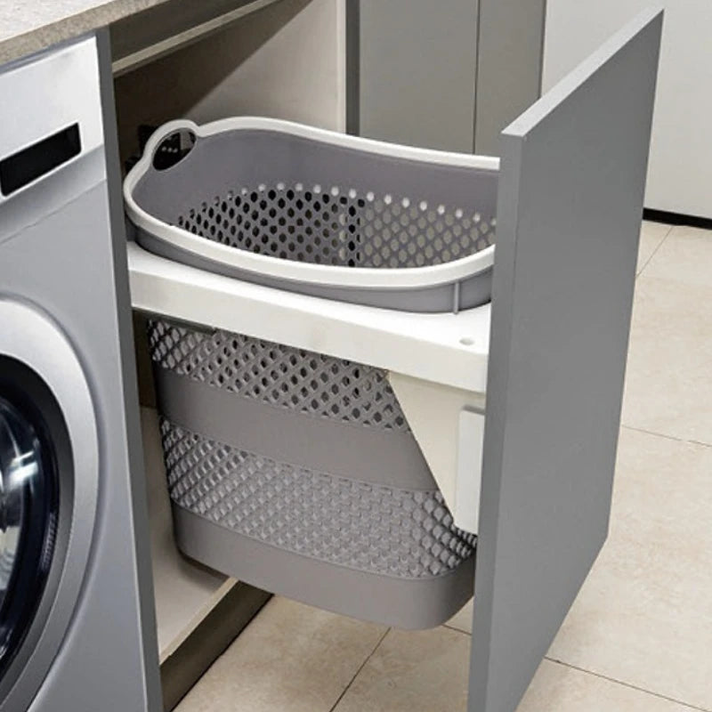 panier linge moderne gris blanc perforé réutilisable opaques poignées coulissant rails vis fixations durable