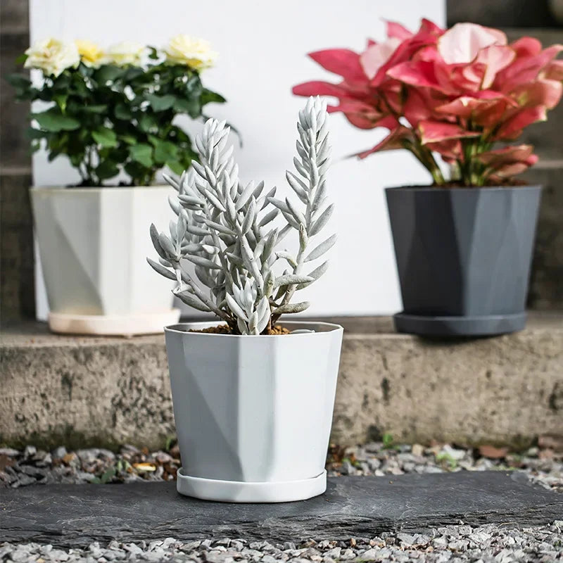 Pots fleurs modernes pots plastique facettes géométriques gris blanc plateau amovibleintérieurextérieur