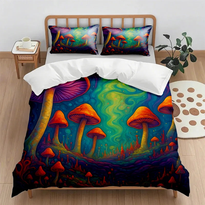 Cette scène surréaliste représente une forêt colorée peuplée de champignons fantastiques, créant une ambiance onirique et psychédélique.