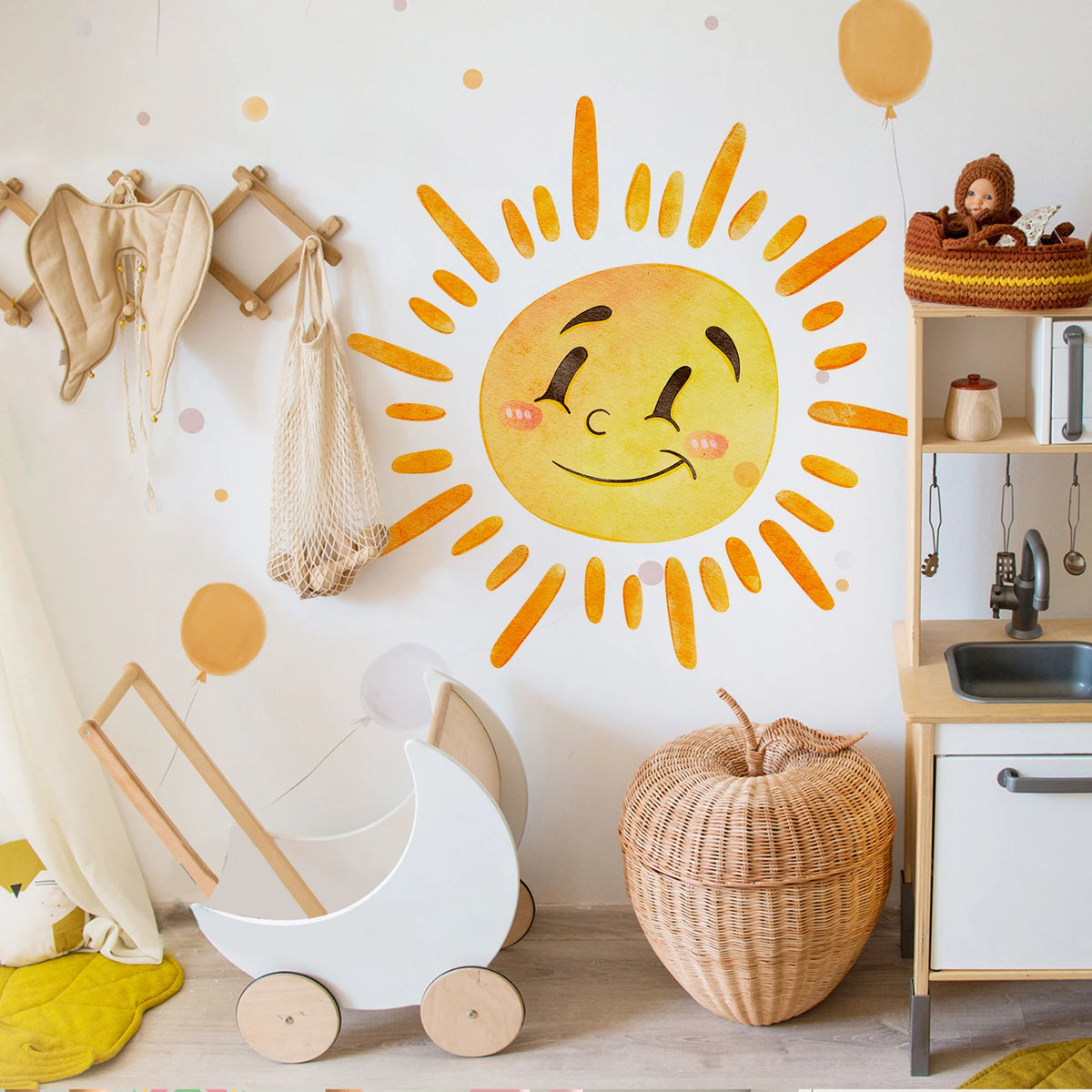 stickers muraux dessin animé soleil souriant arc ciel enfant chambre salon decoration murale jaune