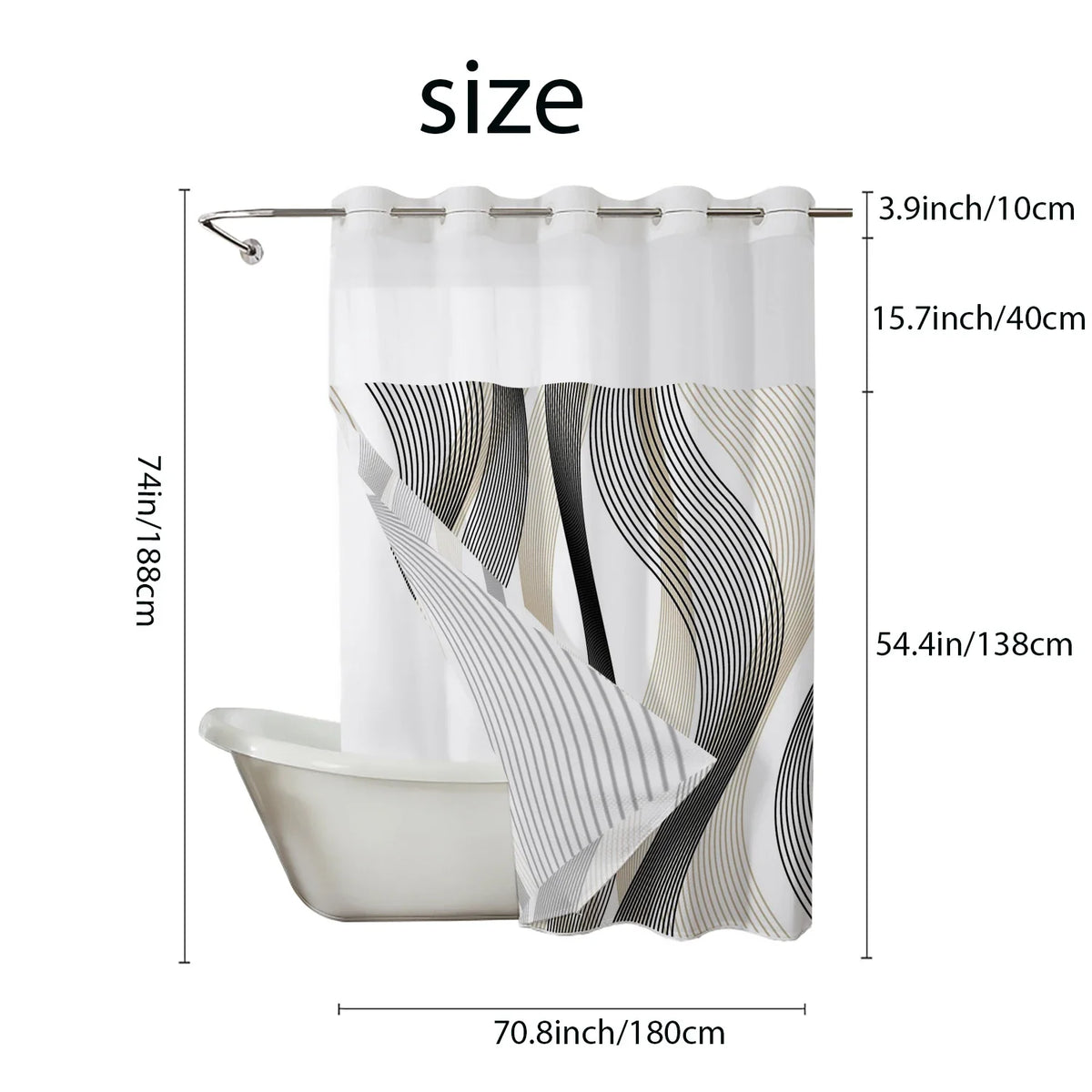 rideau douche moderne semi transparent motif abstrait polyester blanc noir beige