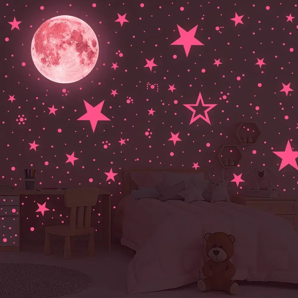 sticker mural lumineux lune étoiles bleu vert rose chambre enfants décoration maison moderne adhésif