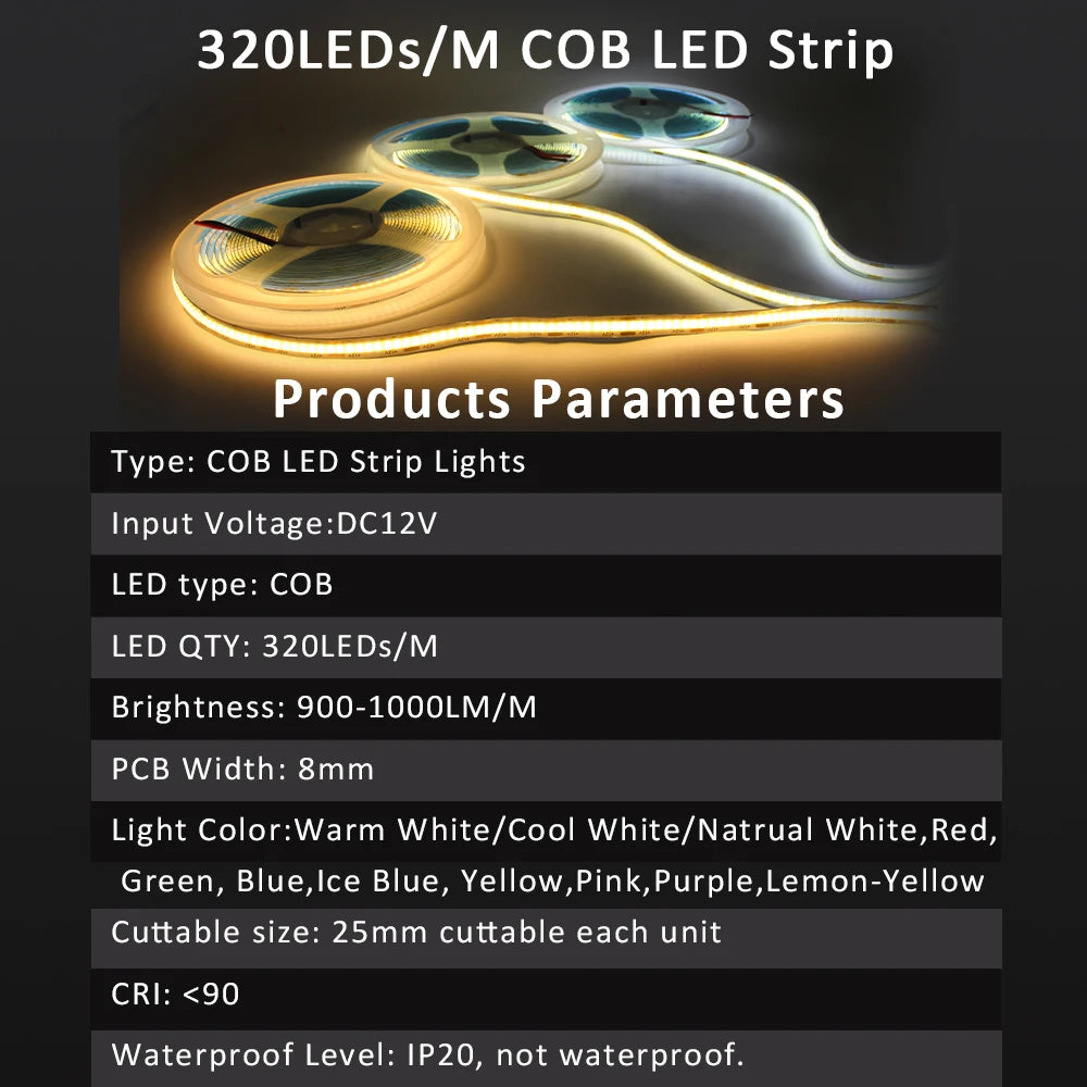 ruban led cob blanc chaud froid naturel rouge vert bleu moderne adhésif 12v 50000h