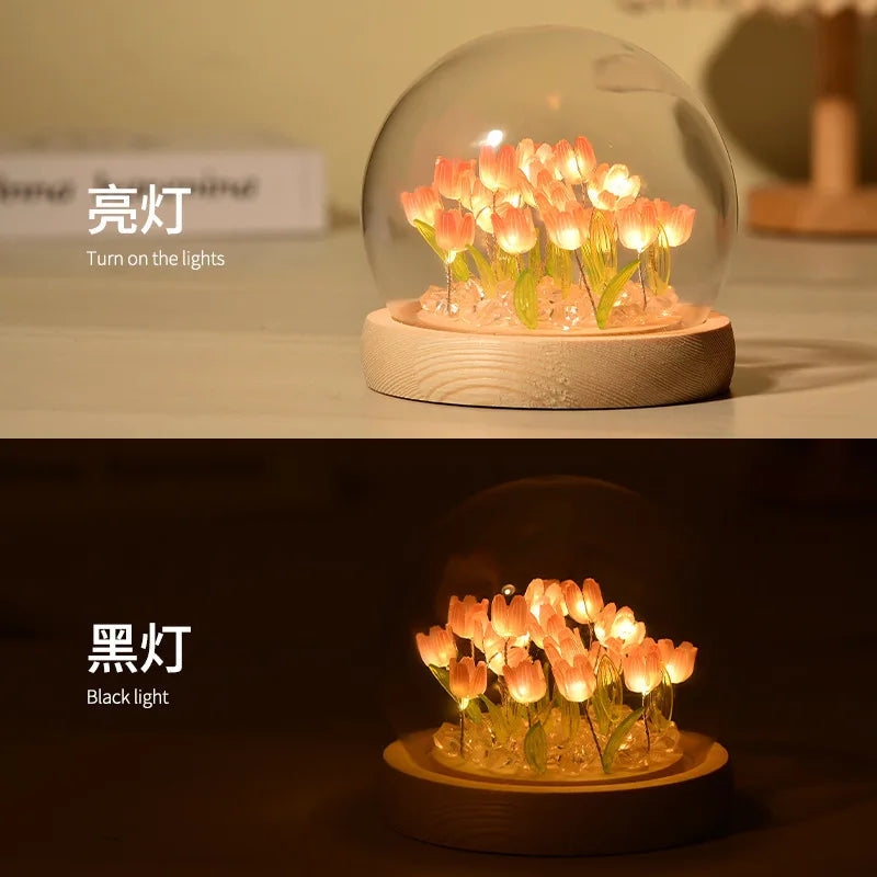 tulipe artificielle led multicolore verre transparent base bois créative lumineuse chambre simple moderne