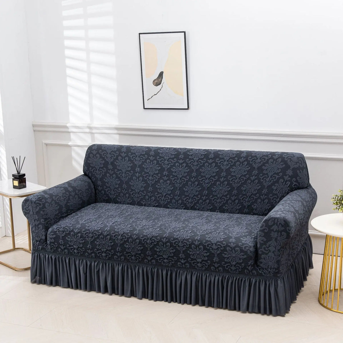 housse canapé jacquard floral beige bleu marine gris protection meubles salon classique