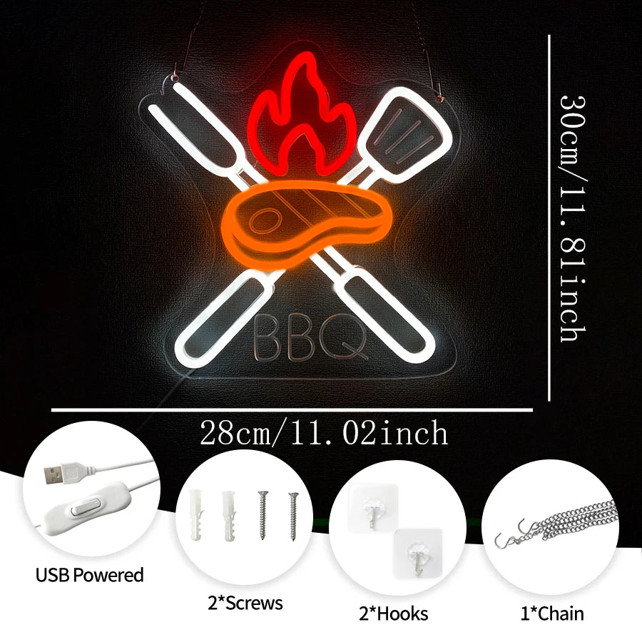 néon lumineux barbecue steak fourchette couteau flamme porc kebab rouge blanc moderne fixations murales