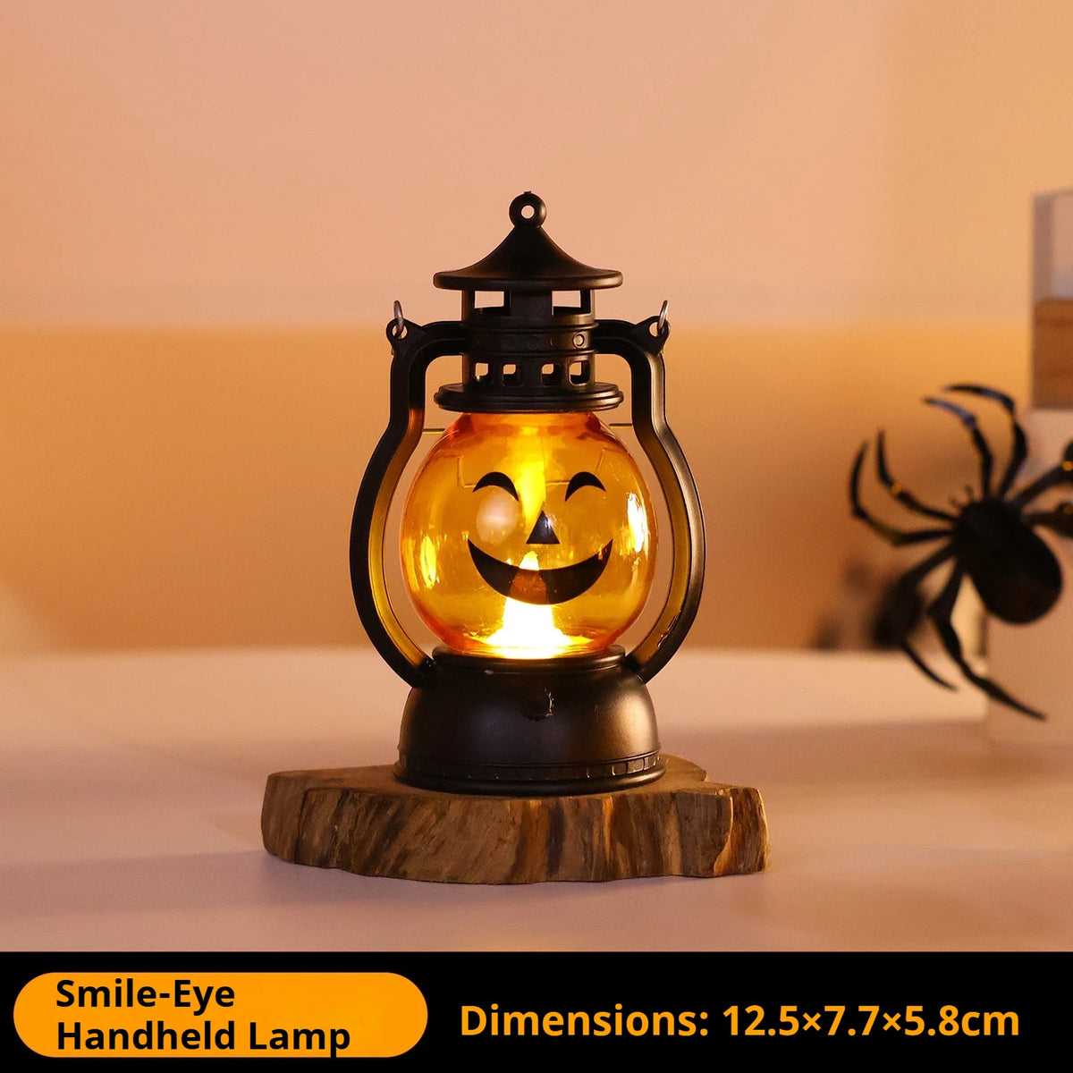 lanterne halloween citrouille visage noir orange portable vintage poignées métalliques base bois