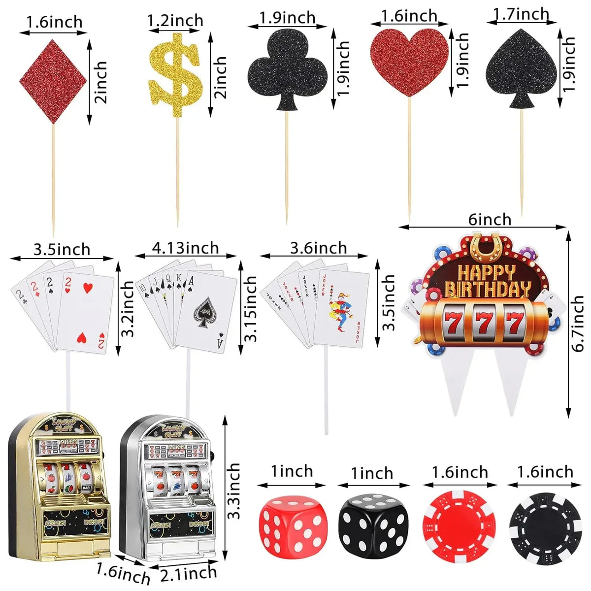 décorations fête anniversaire machines sous cartes poker jetons dés symboles or noir rouges blancs