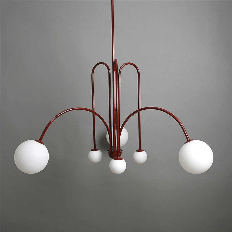 lustre moderne rouge noir doré sphères blanches opaques suspension salon chambre