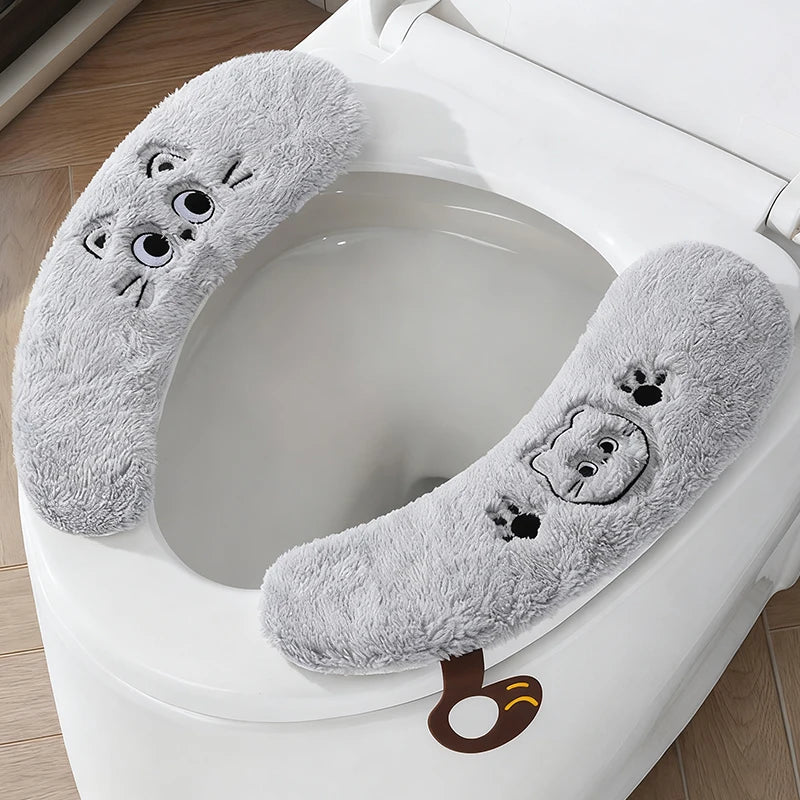 couvre siege toilette peluche blanc jaune imprimé chien doux decoratif anneaux métalliques salle bain