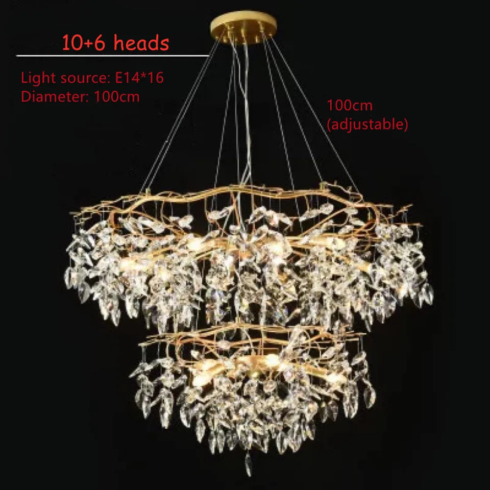 lustre moderne pendentif cristal doré feuilles stylisées led salon chambre