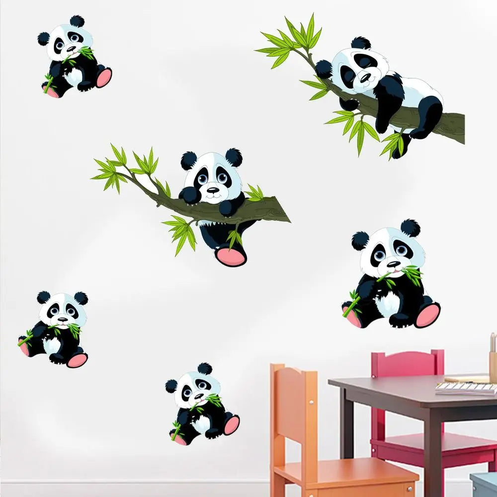 sticker mural panda bambou résistant eau dessin animé noir blanc vert rose