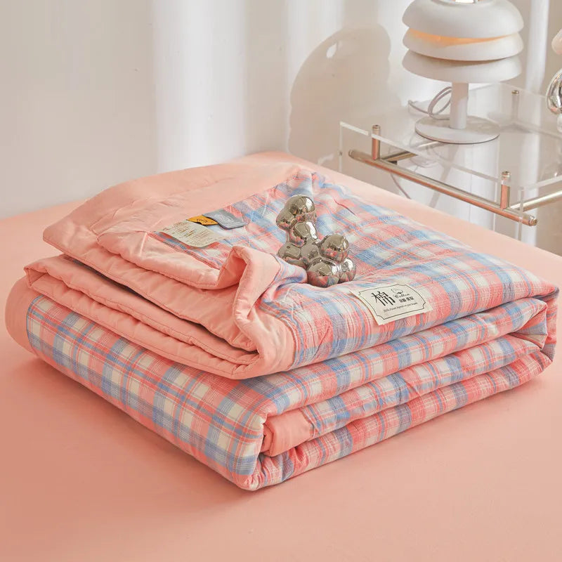 couverture d'été coton pur motif carreaux rose bleu gris lit double grande taille