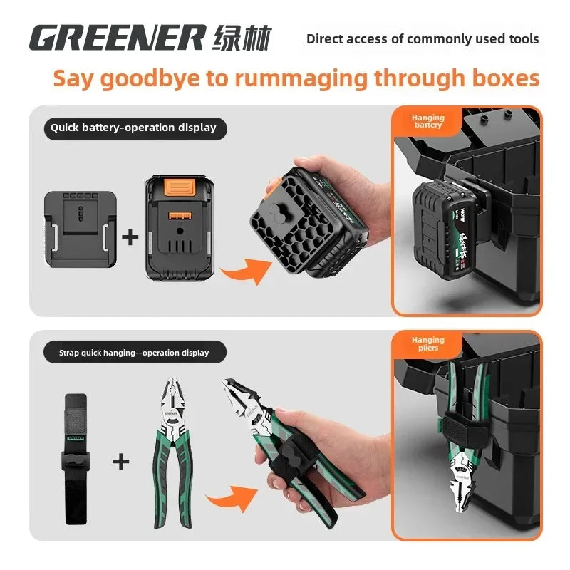 boîte outils noire orange clips multifonctionnelle perceuse batterie sac clé douille première secours lampe