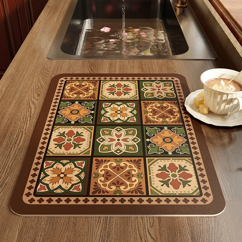 tapis cuisine classique geometrique floral vert marron beige rouge orange bleu polyester respectueux environnement